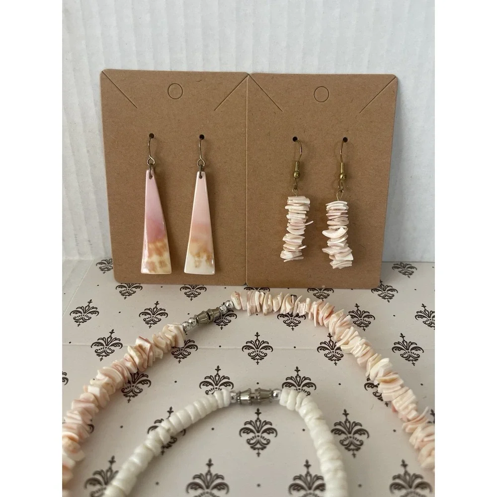 Vintage Pink Shell Jewelry Set Necklace Bracelet 2 Earring Pairs Boho Beach